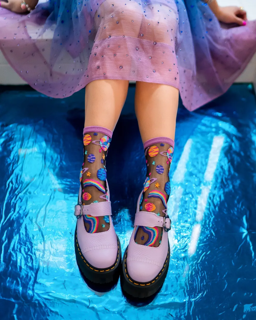 Pop Art Planets Black Sheer Crew Sock