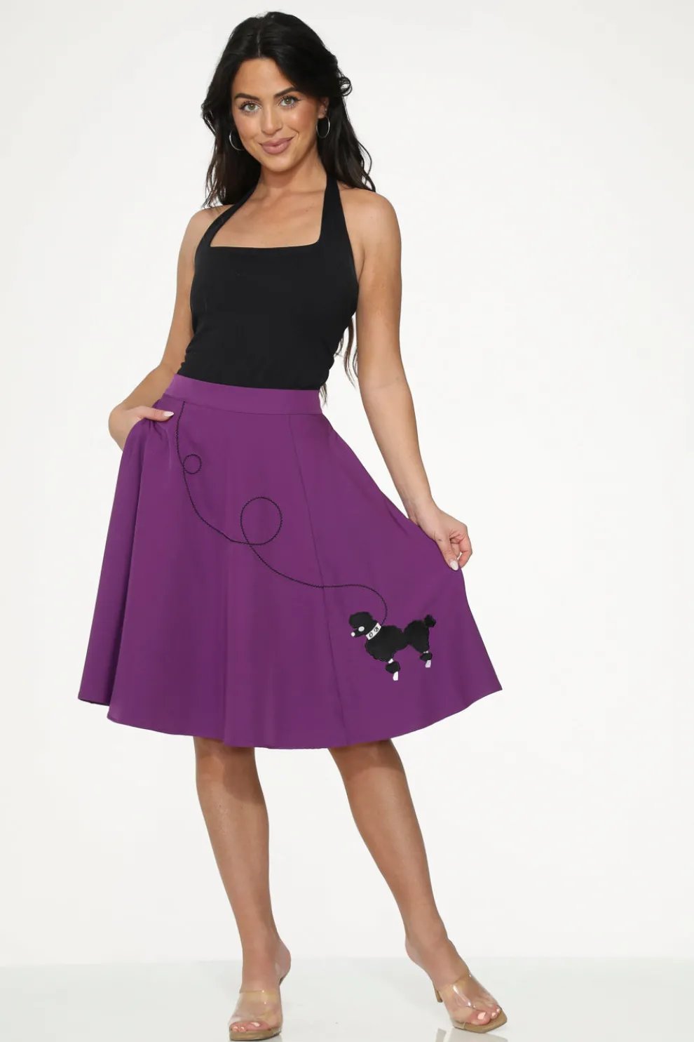 Purple Black Embroidered Poodle Swing Skirt