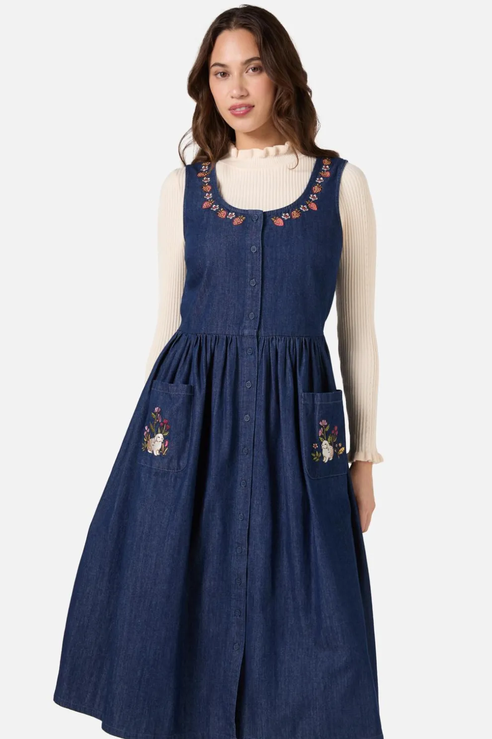 Rabbit Embroidered Denim Dress