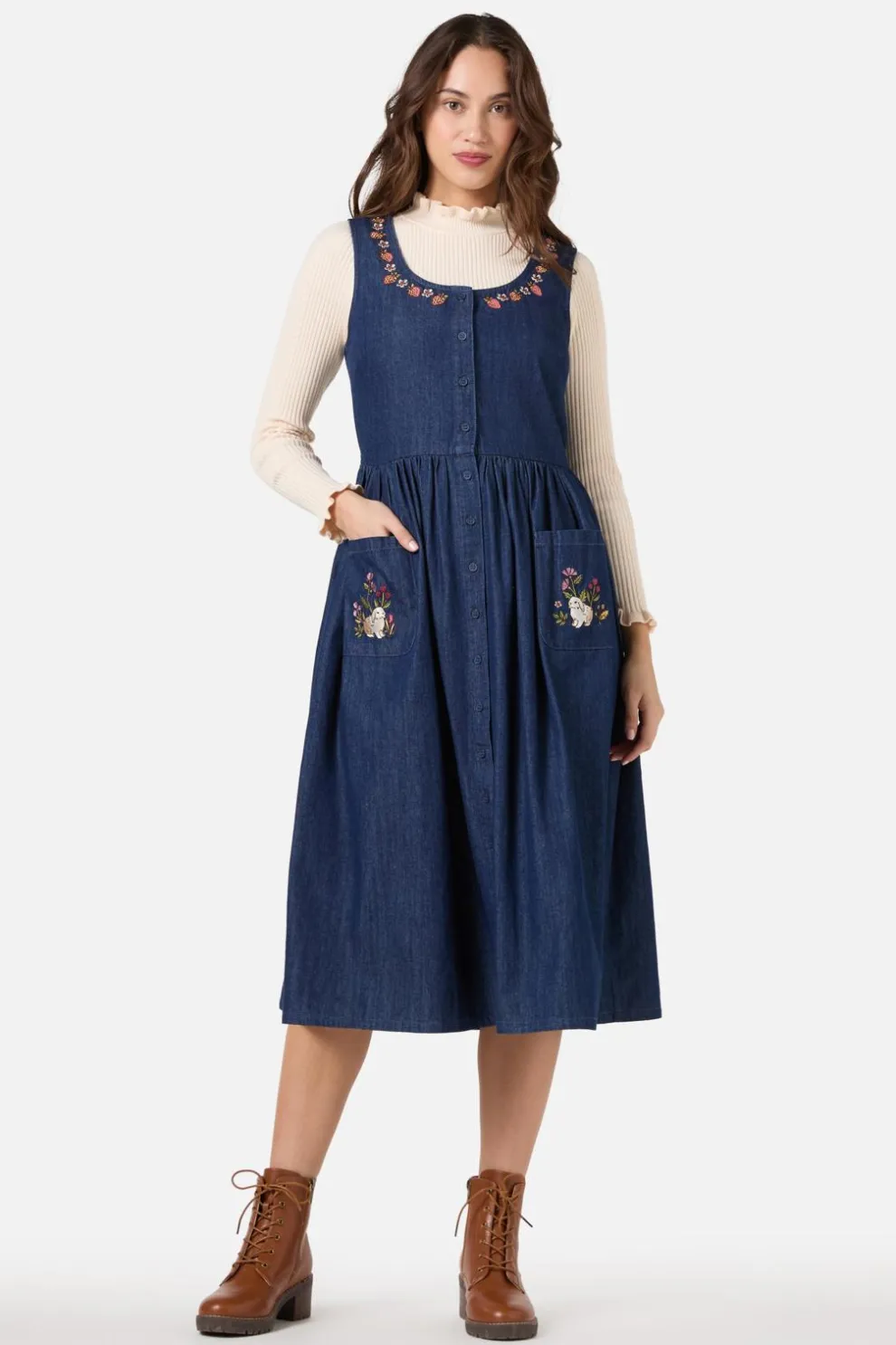 Rabbit Embroidered Denim Dress