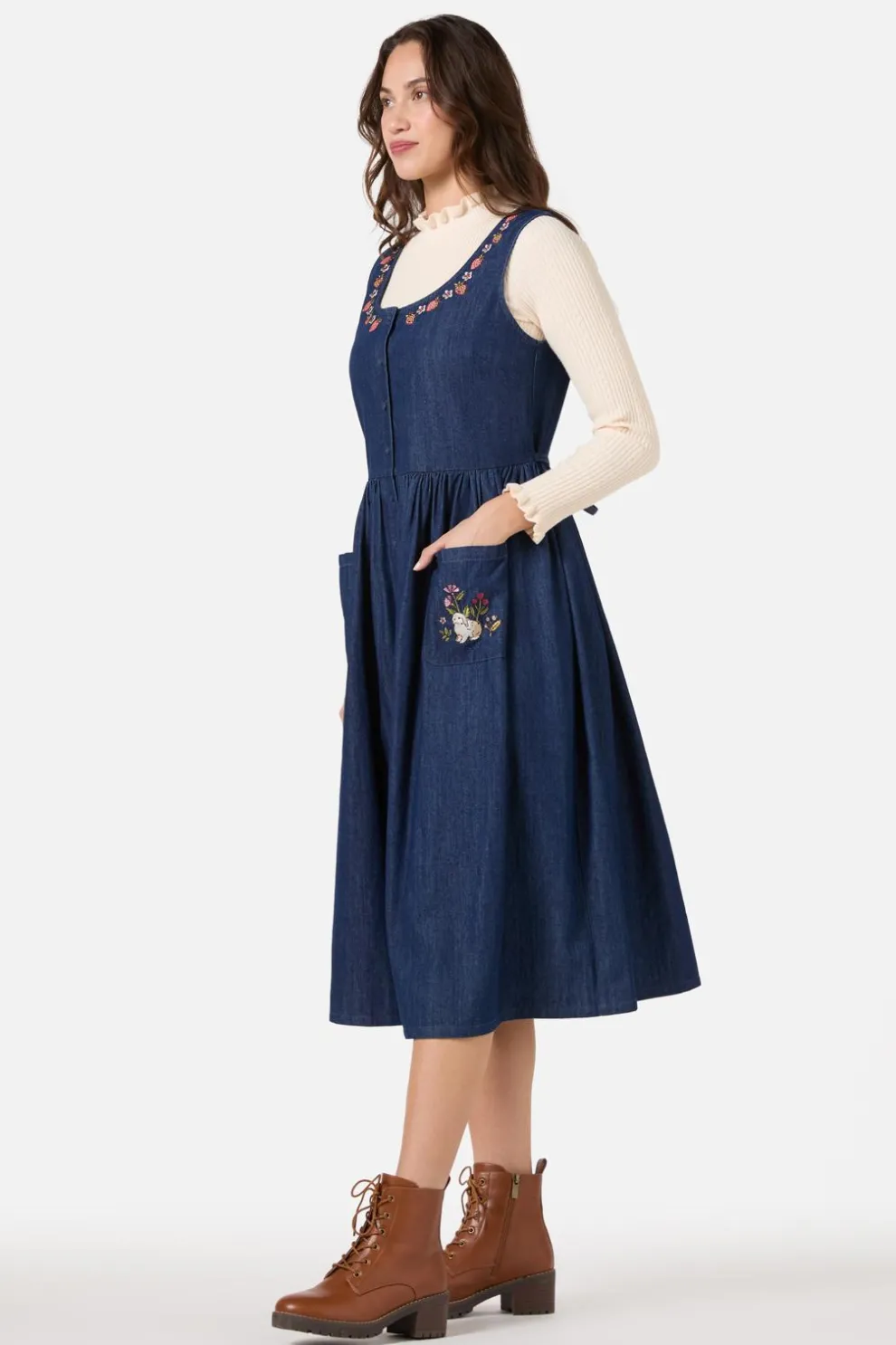 Rabbit Embroidered Denim Dress