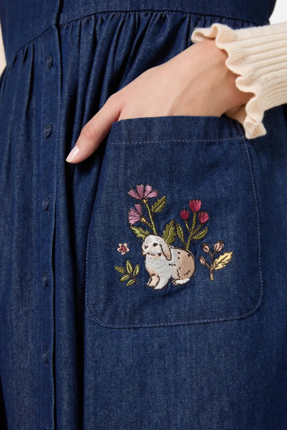 Rabbit Embroidered Denim Dress