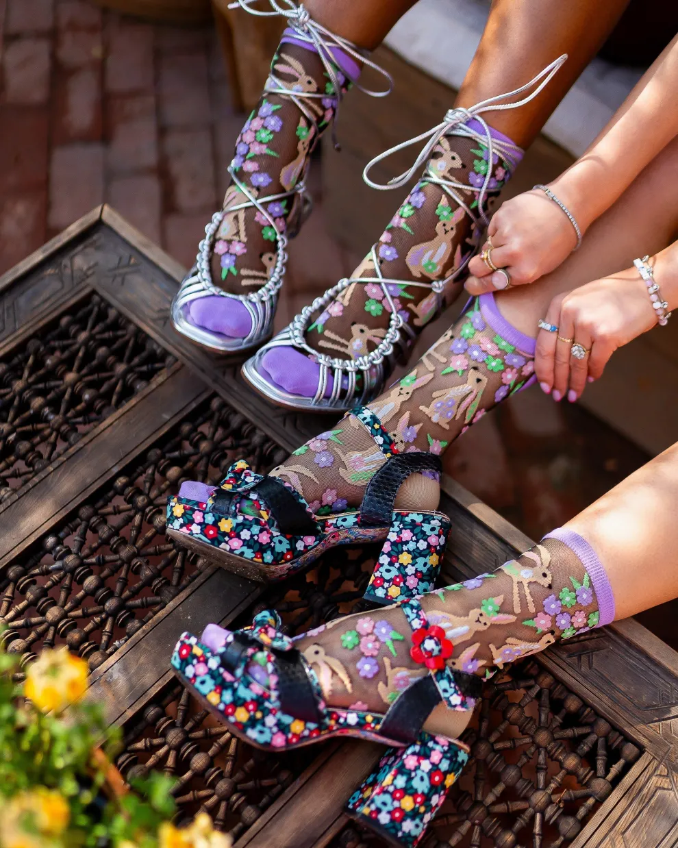 Rabbit Floral Black Sheer Crew Sock