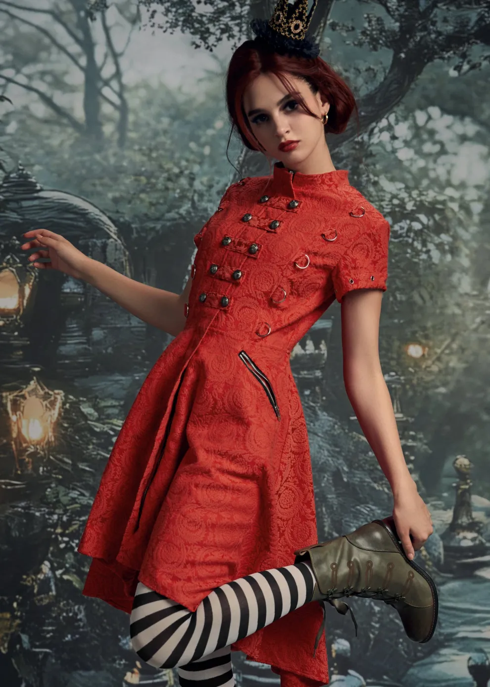 Red Jacquard Battalion Swing Dress