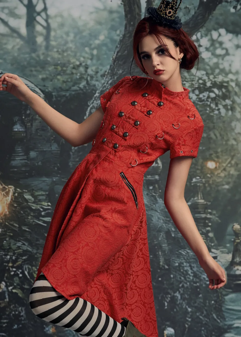 Red Jacquard Battalion Swing Dress