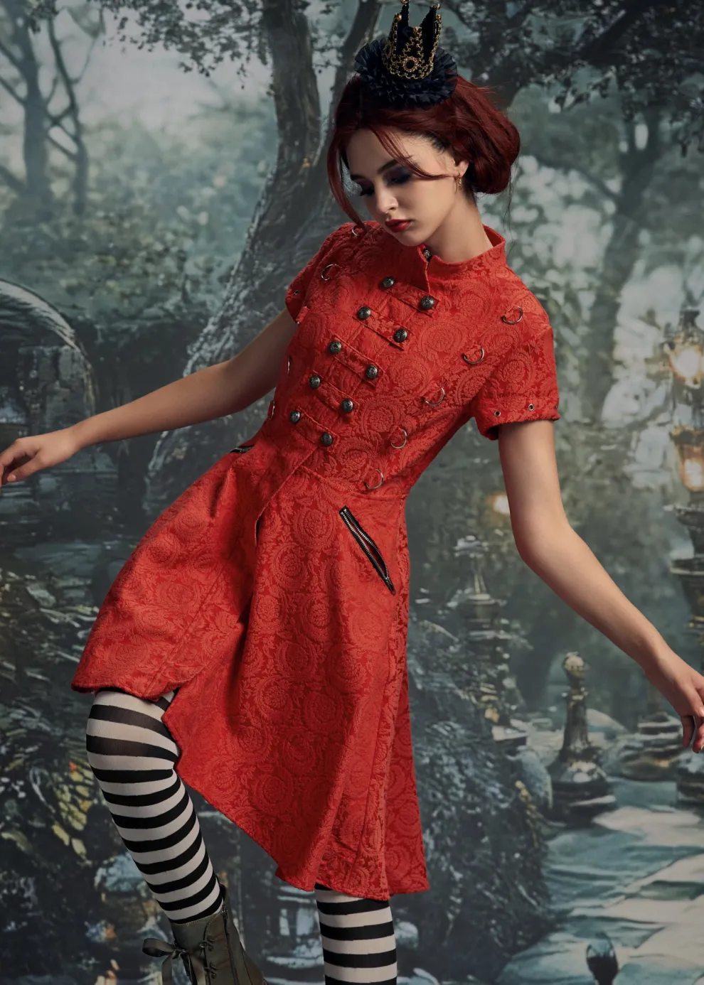Red Jacquard Battalion Swing Dress