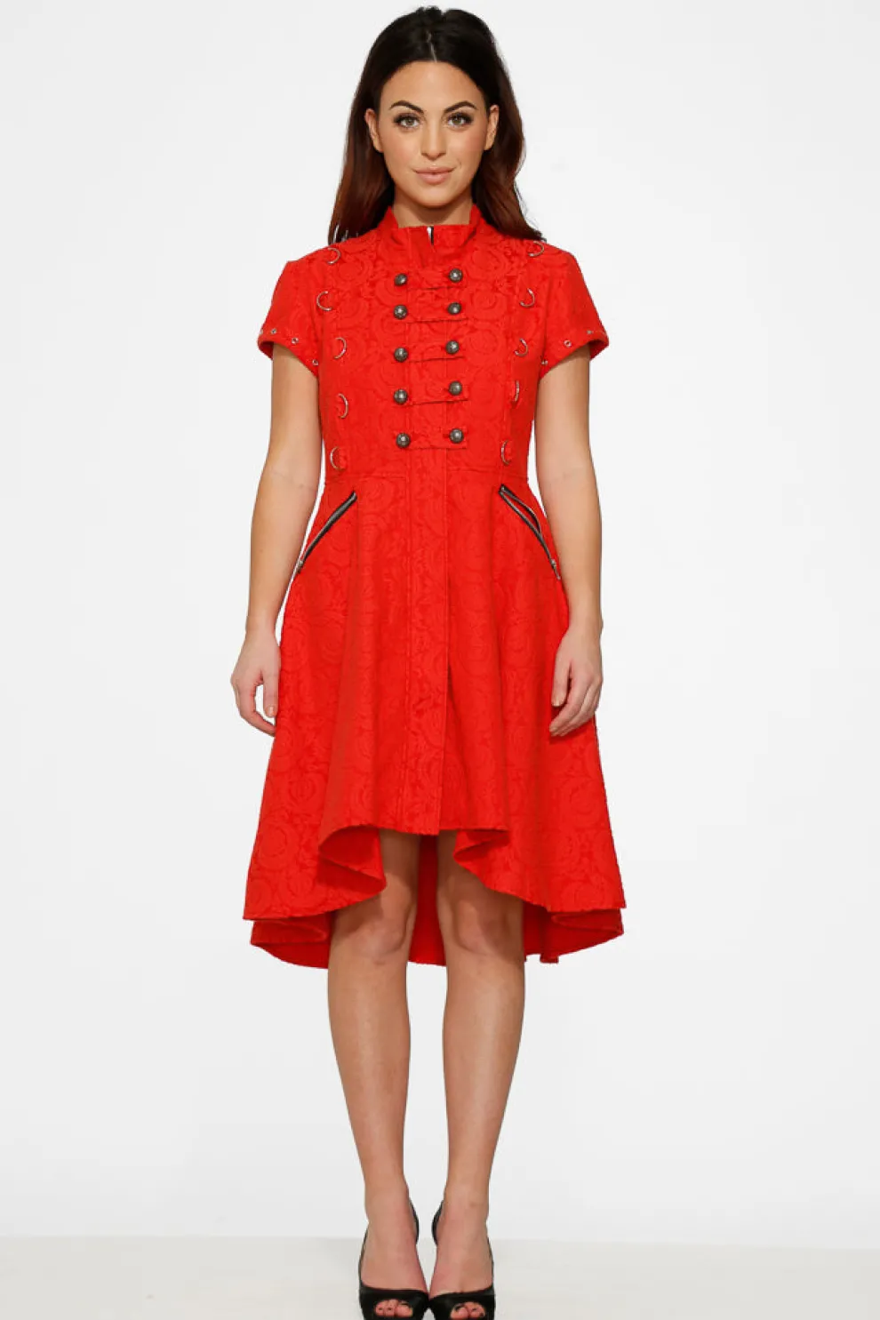 Red Jacquard Battalion Swing Dress
