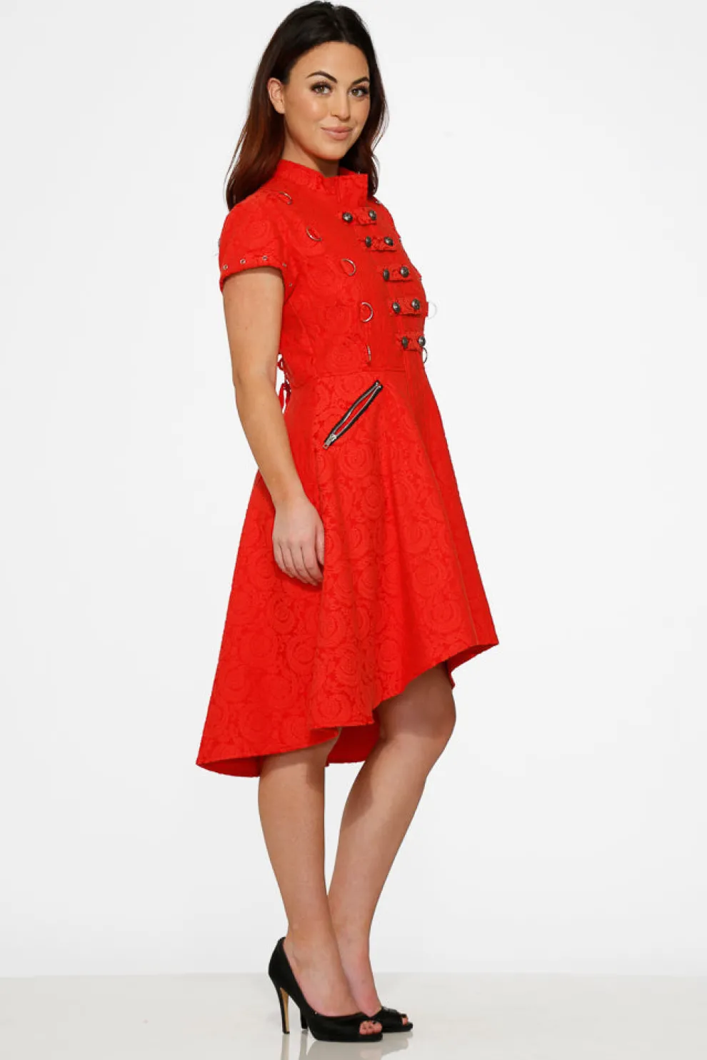 Red Jacquard Battalion Swing Dress