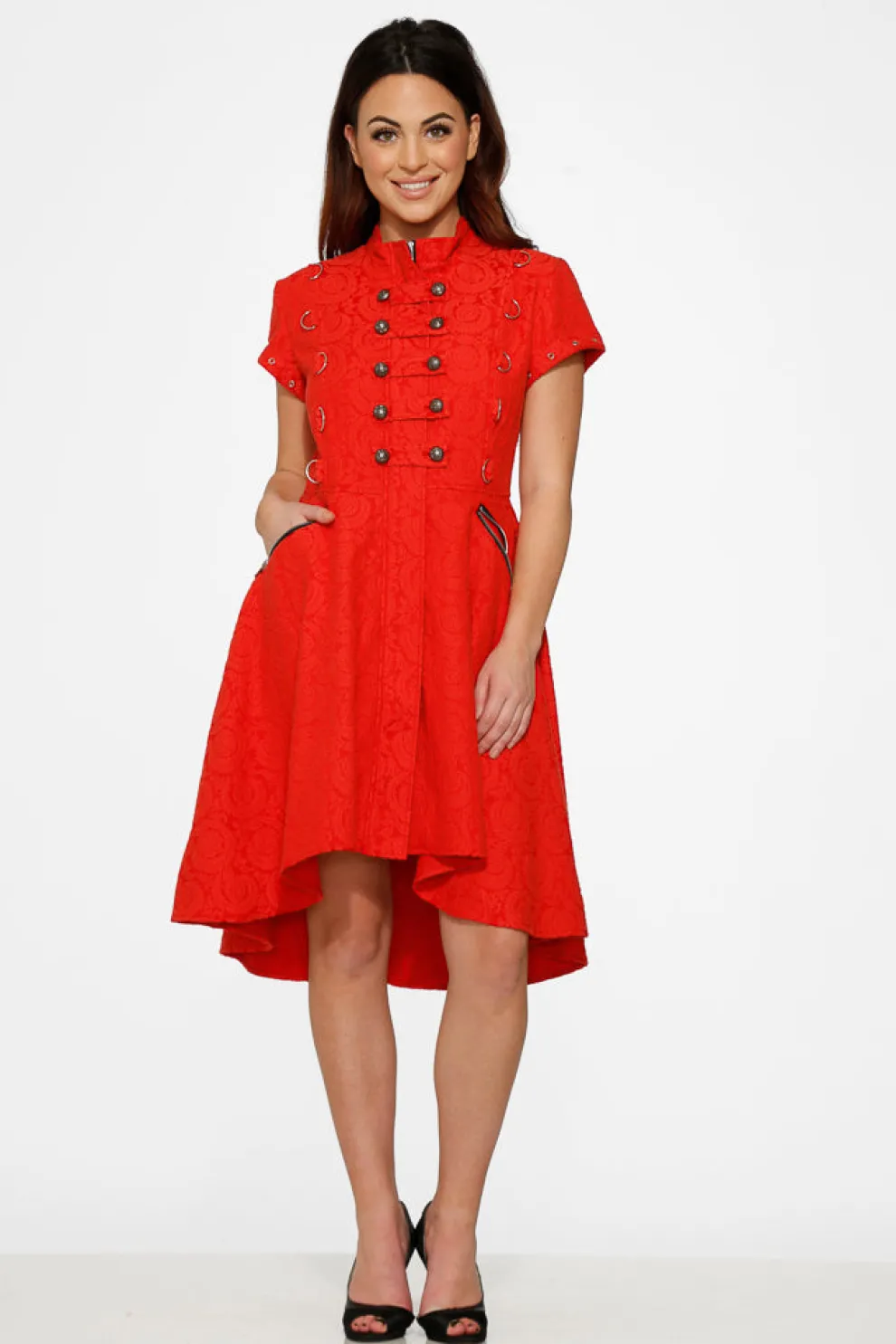 Red Jacquard Battalion Swing Dress