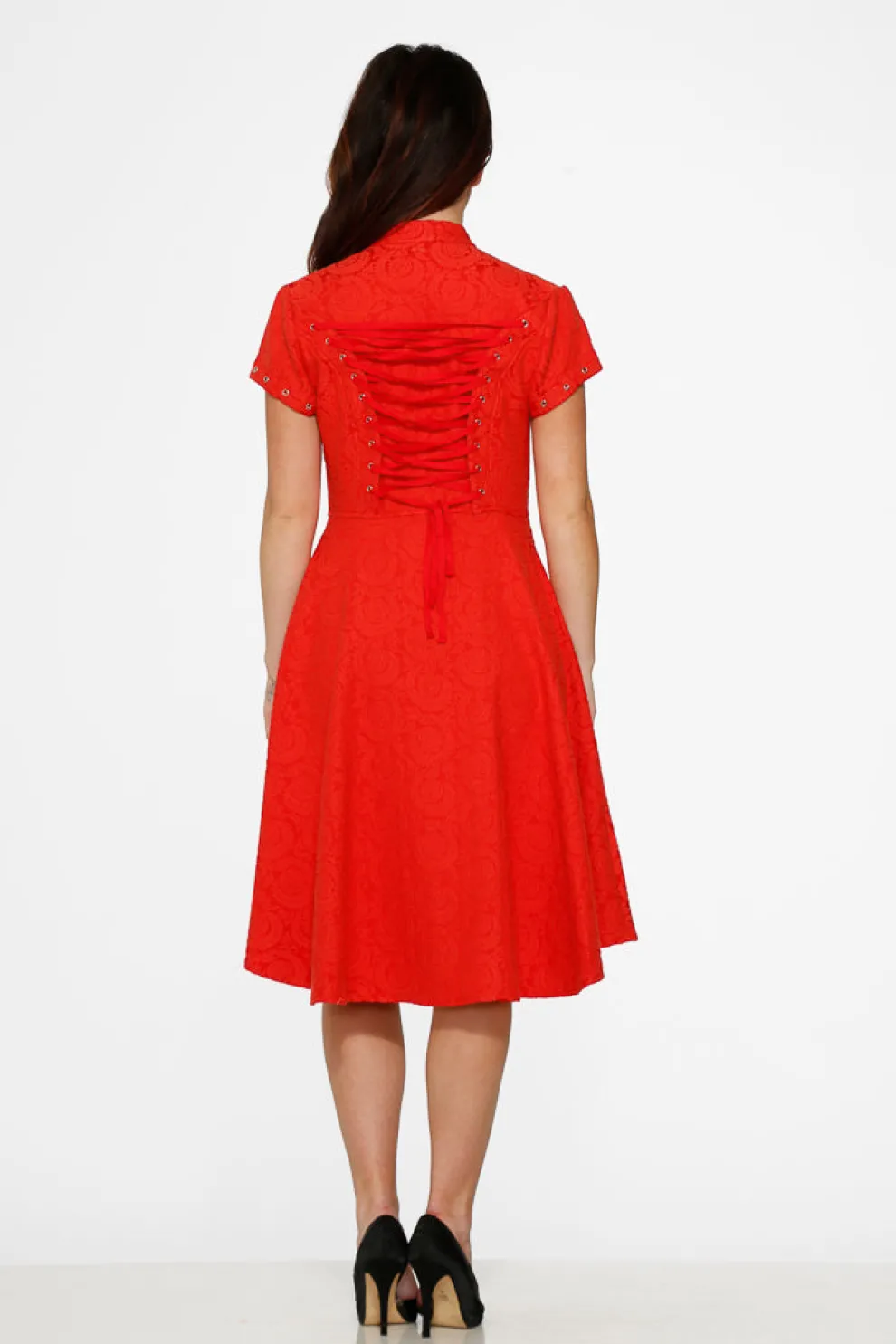 Red Jacquard Battalion Swing Dress