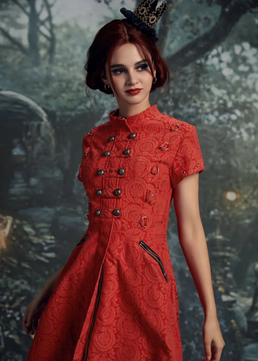 Red Jacquard Battalion Swing Dress