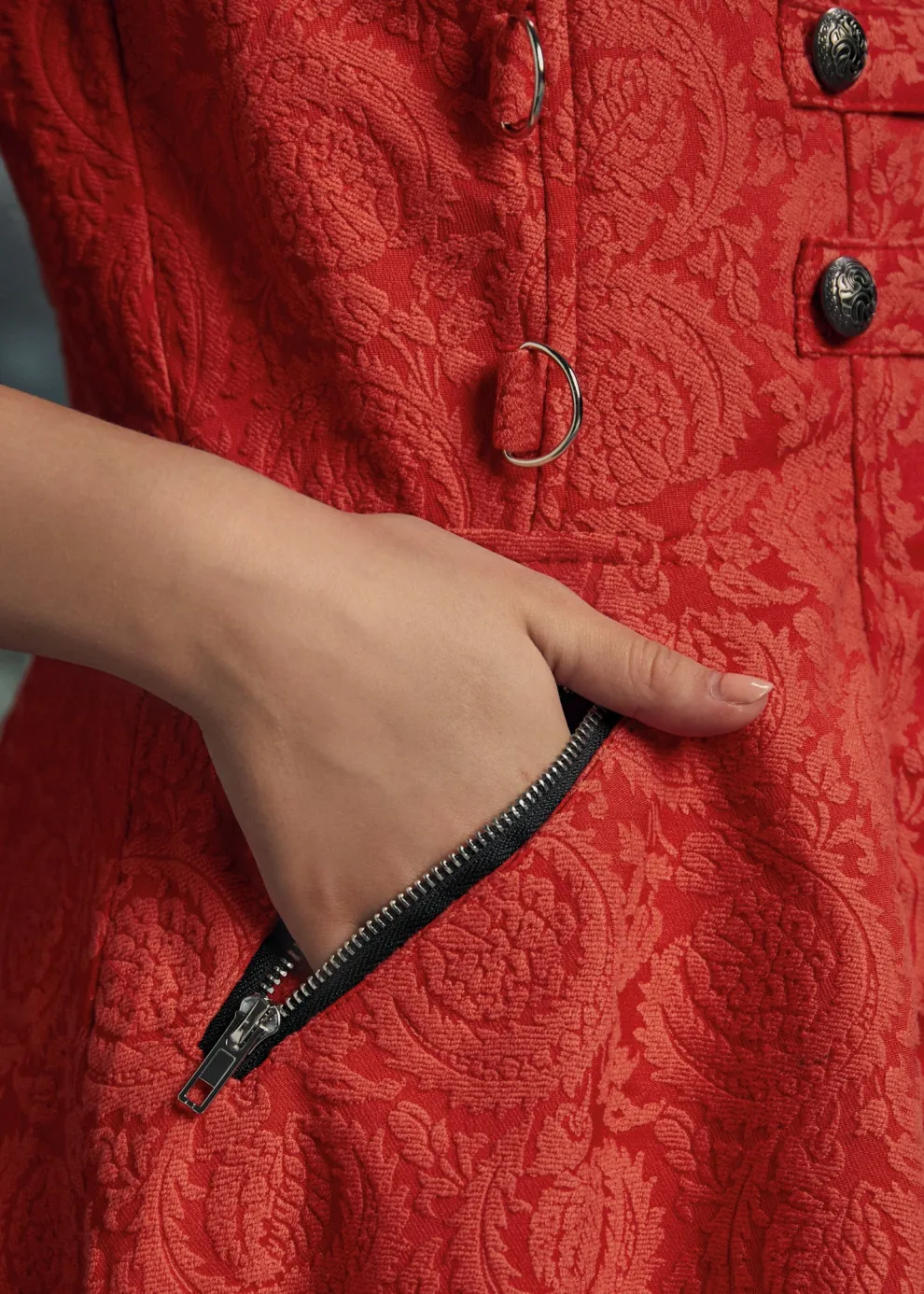 Red Jacquard Battalion Swing Dress