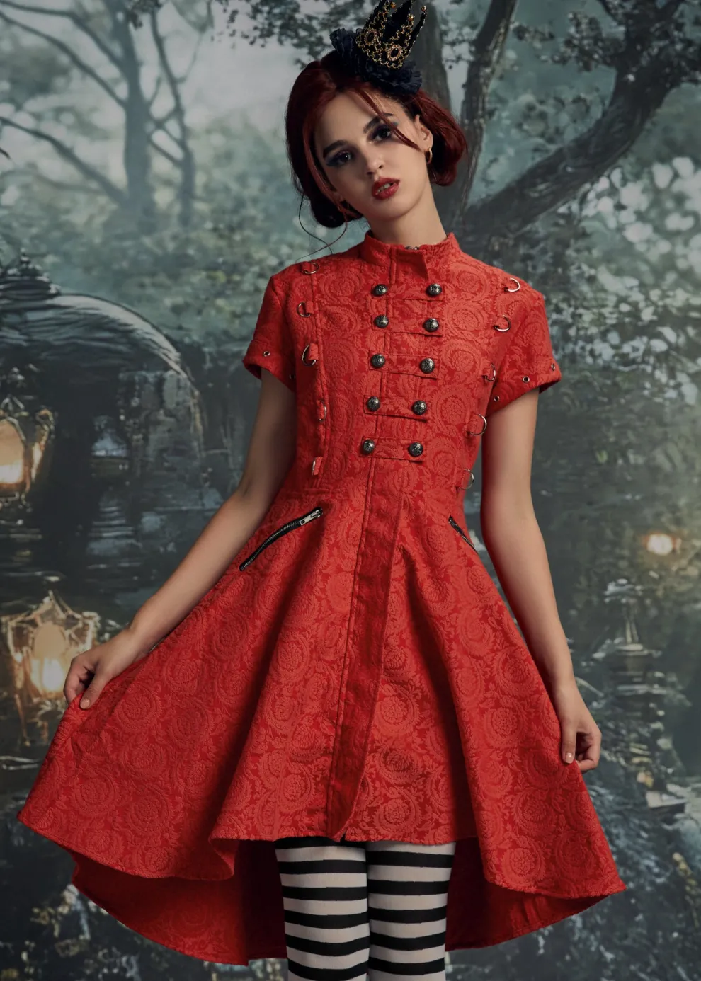 Red Jacquard Battalion Swing Dress