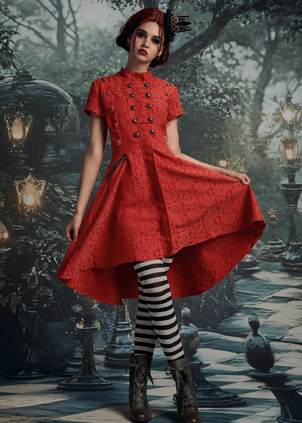 Red Jacquard Battalion Swing Dress