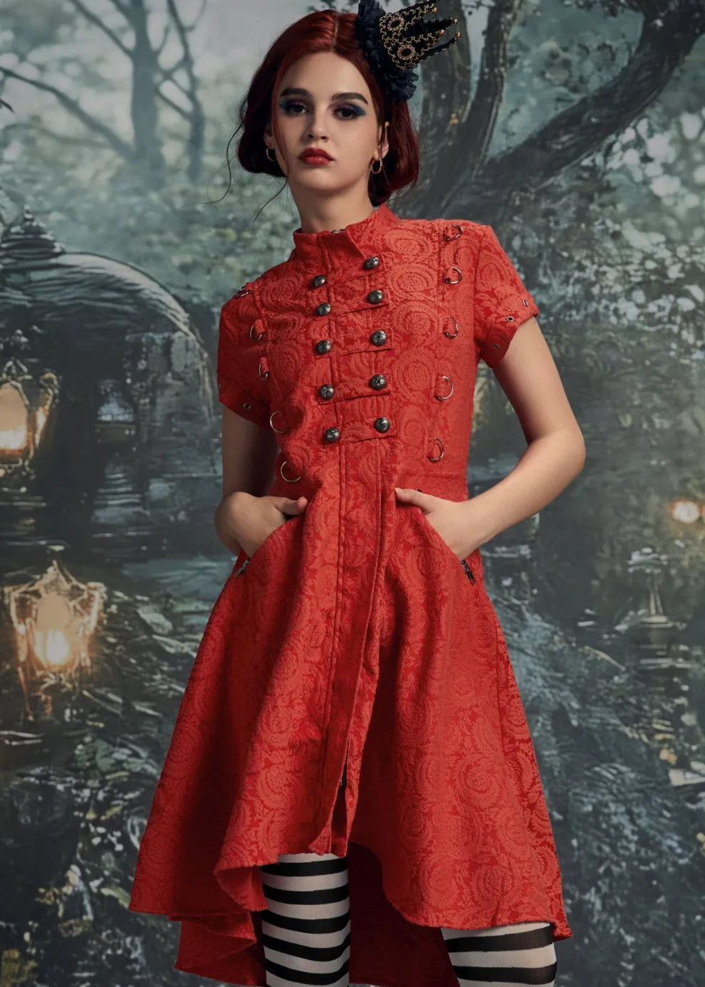 Red Jacquard Battalion Swing Dress