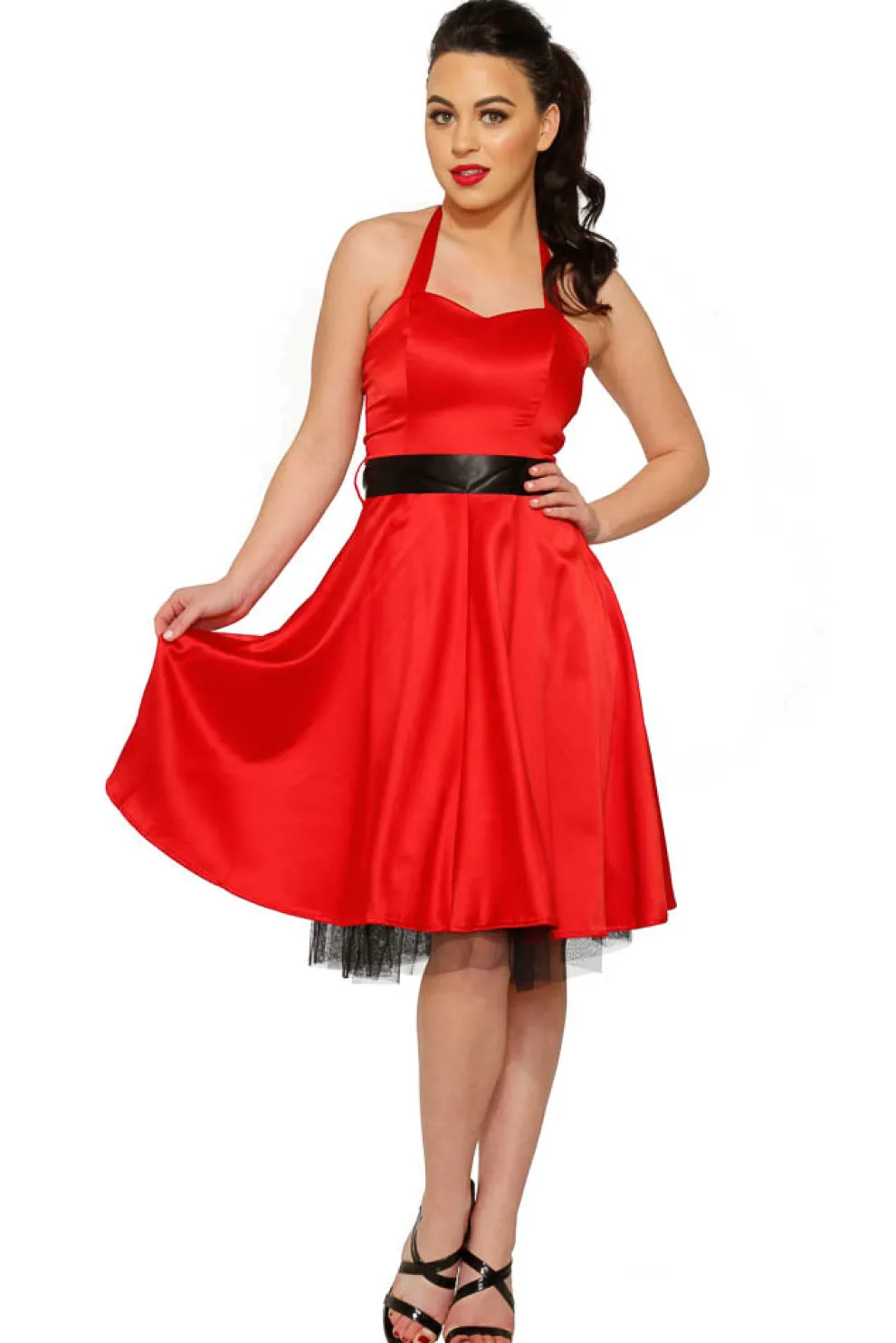 Red Satin Halter Swing Dress