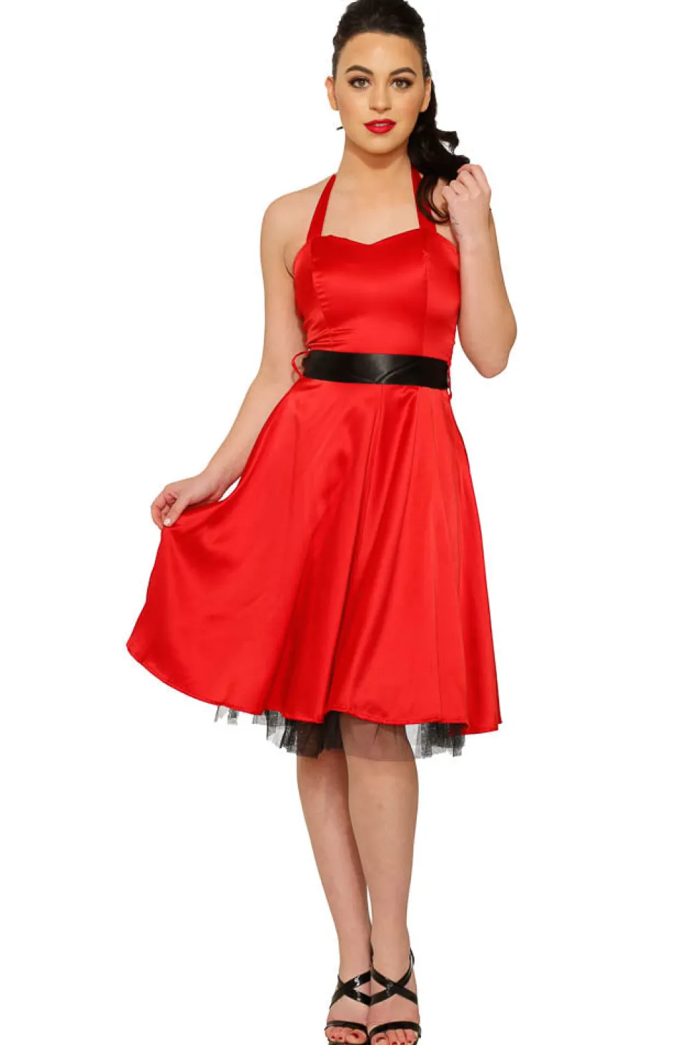 Red Satin Halter Swing Dress