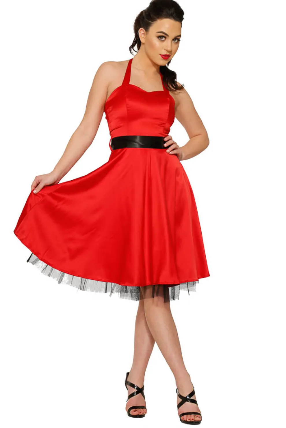 Red Satin Halter Swing Dress