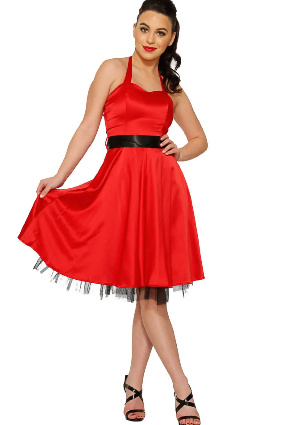 Red Satin Halter Swing Dress