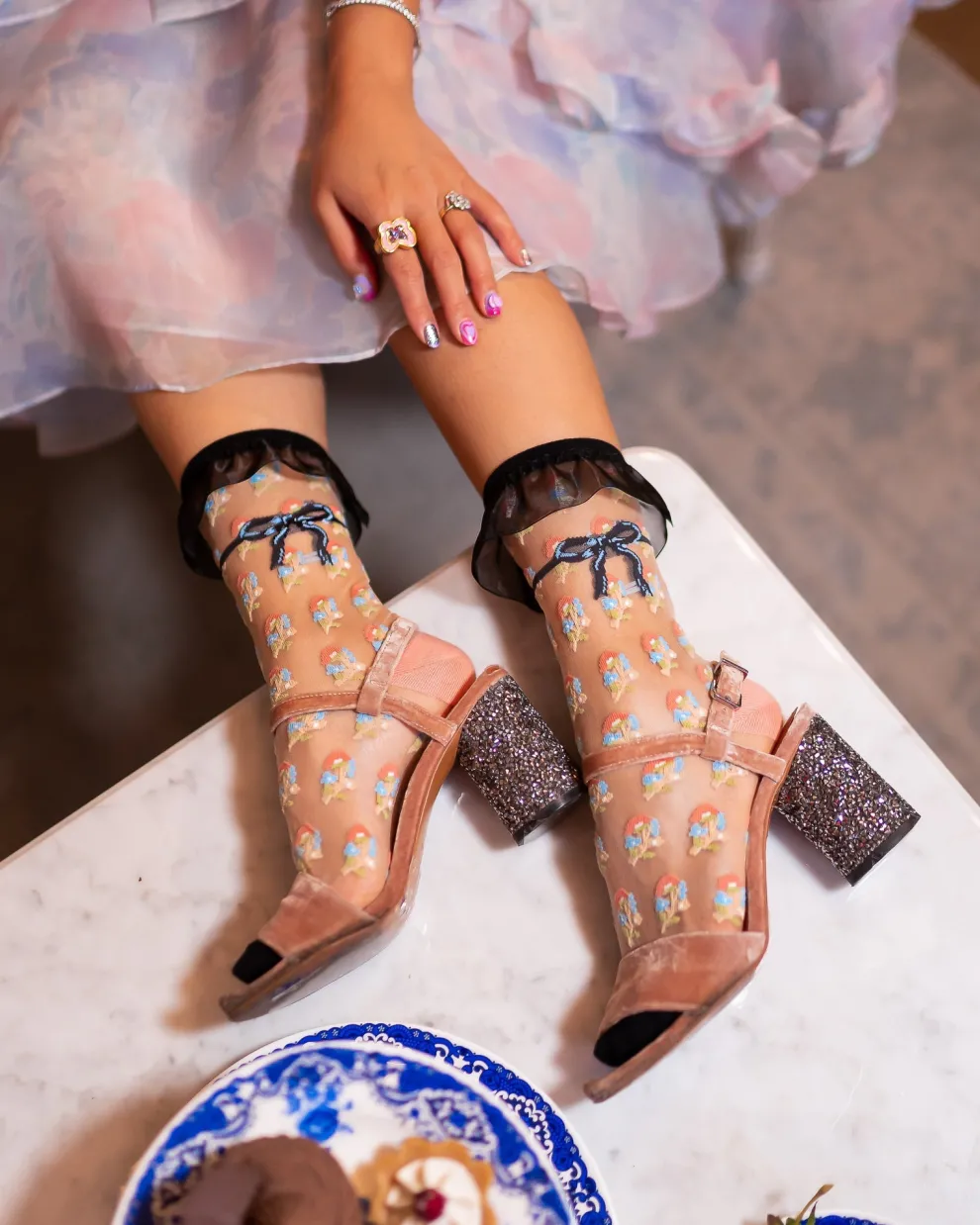 Repeat Floral Ruffle Sheer Crew Sock