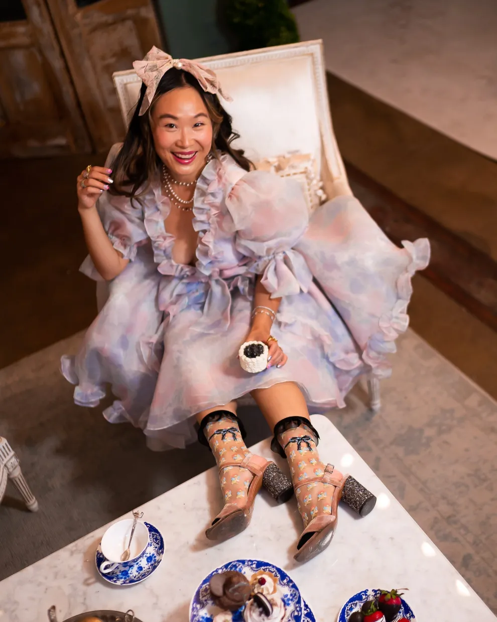 Repeat Floral Ruffle Sheer Crew Sock