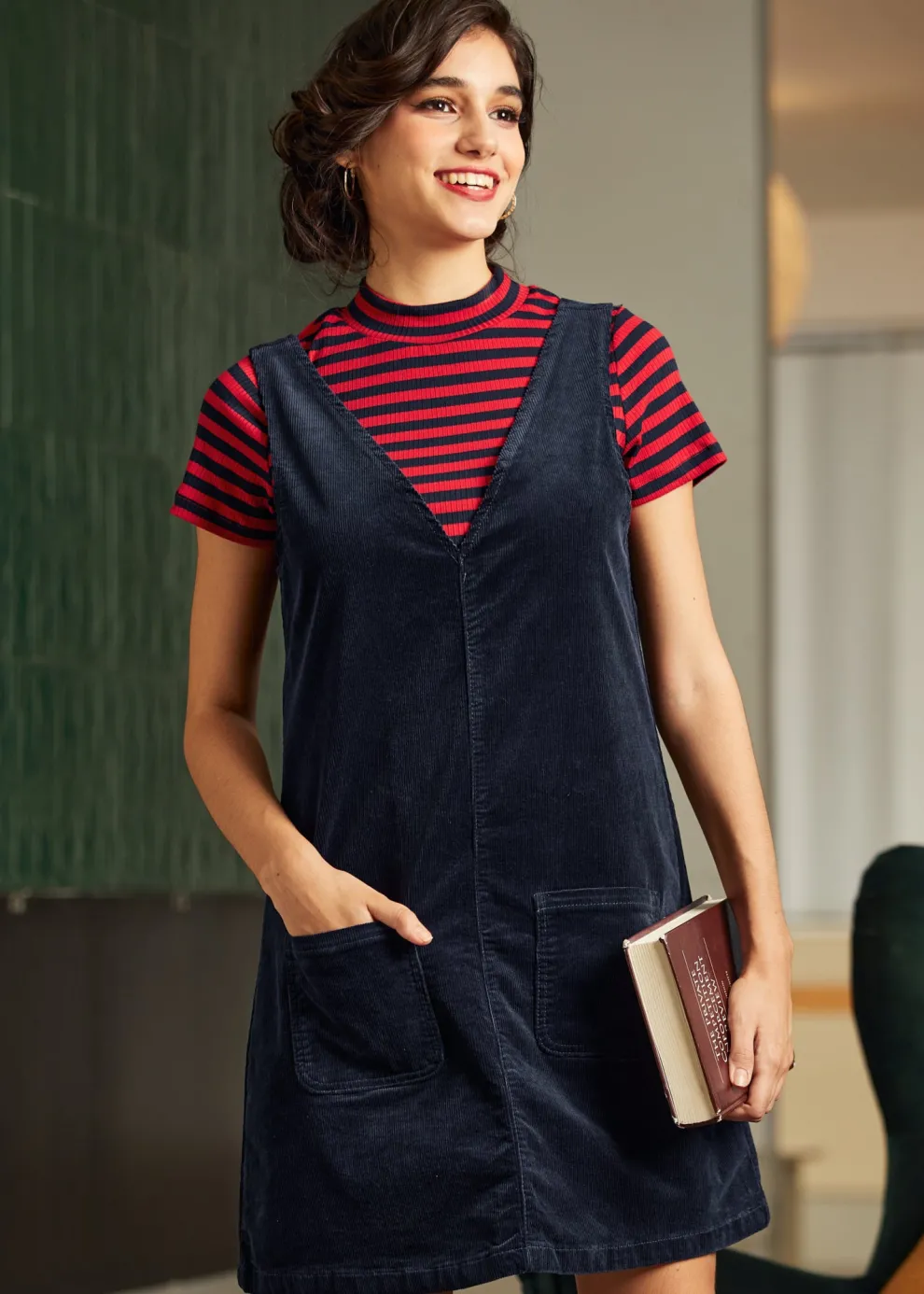 Retro Radiance V-Neck Corduroy Dress