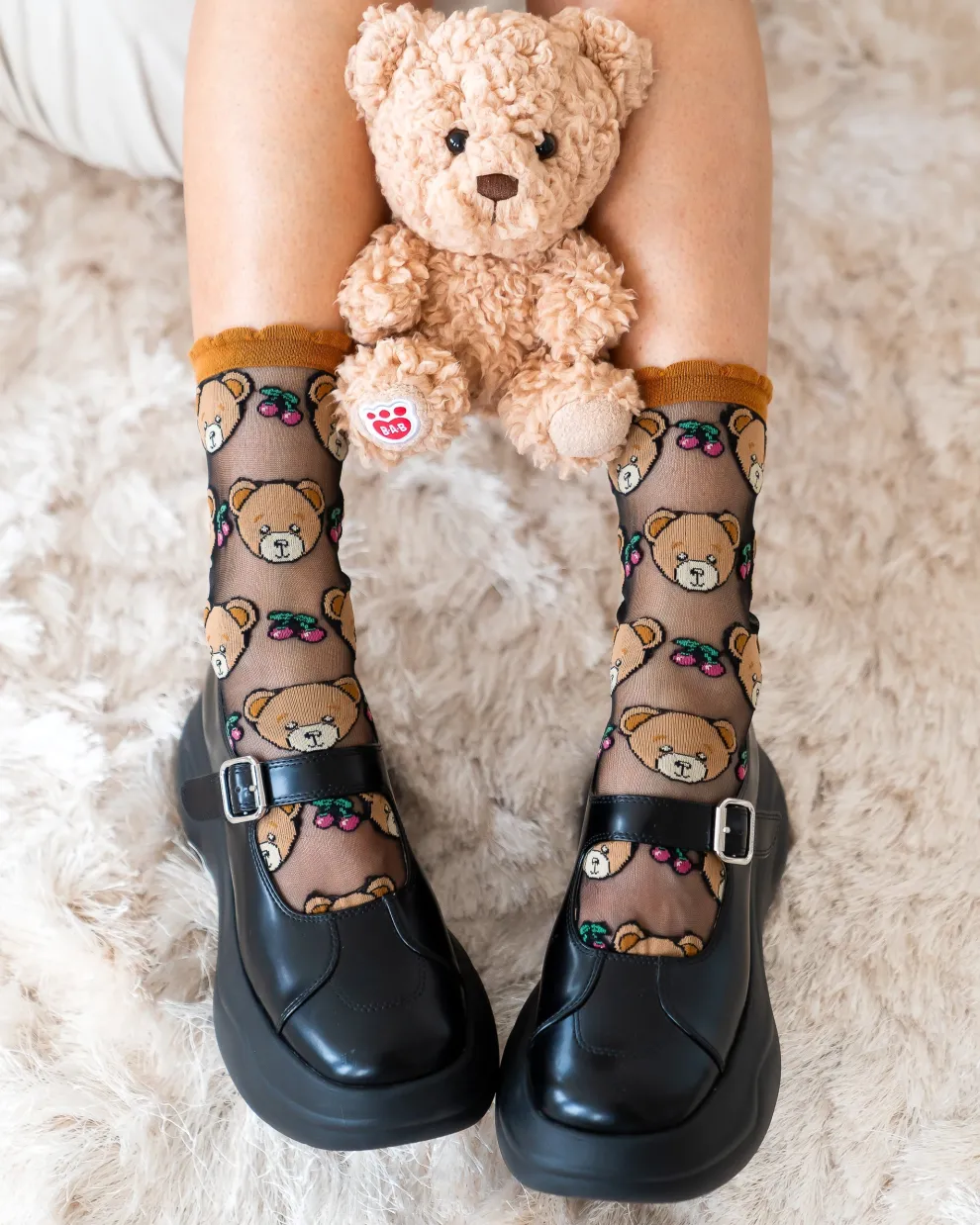 Teddy Bear Ruffle Black Sheer Crew Sock