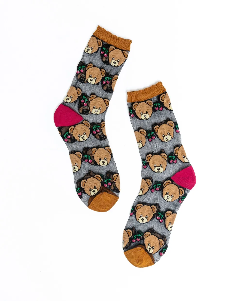 Teddy Bear Ruffle Black Sheer Crew Sock