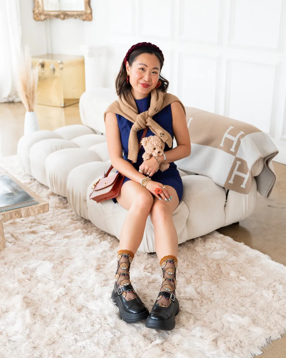 Teddy Bear Ruffle Black Sheer Crew Sock