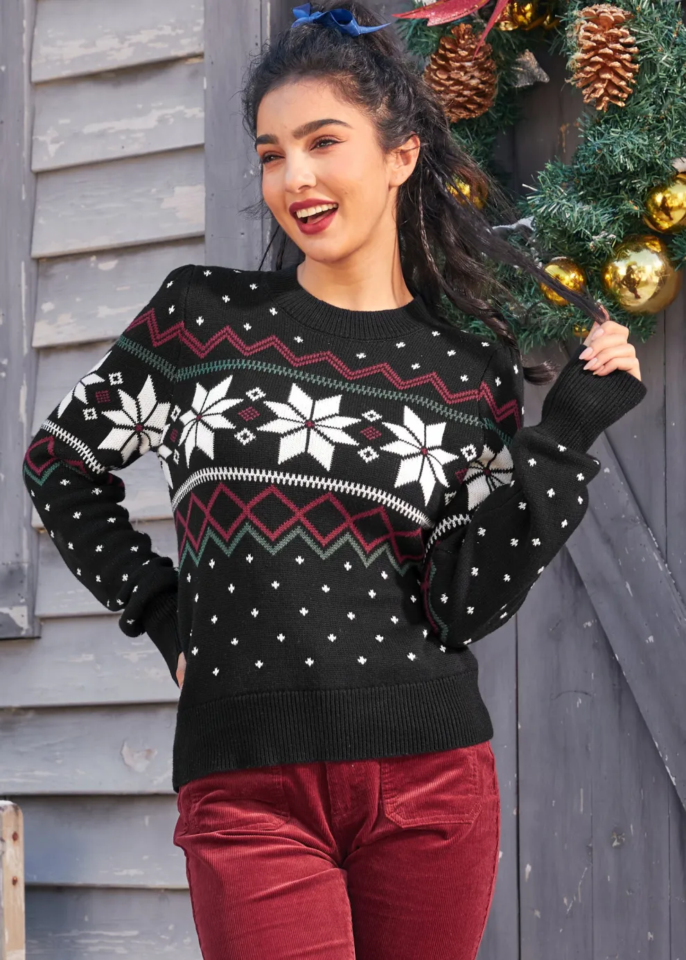 Whimsical Winter Puff Shoulder Sweater