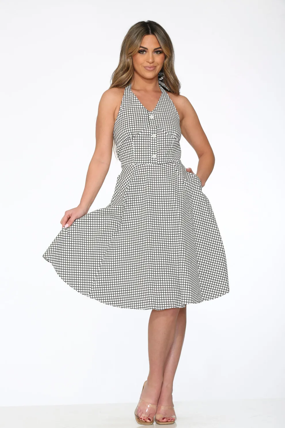 White & Black Checkmate Halter Swing Dress