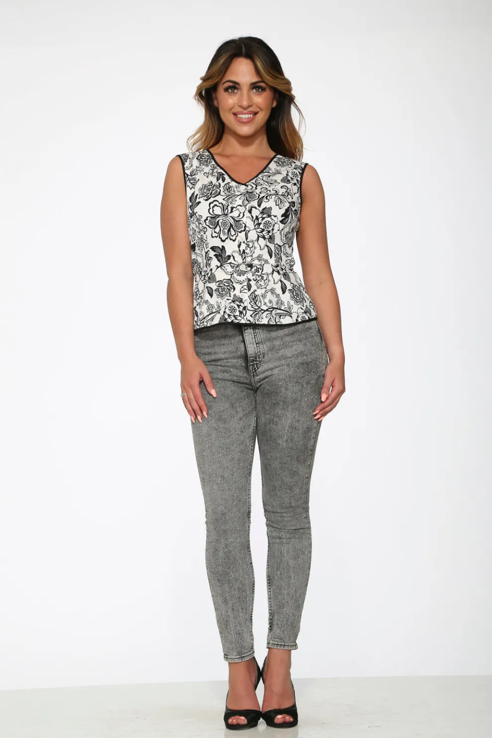 White & Black Floral Top