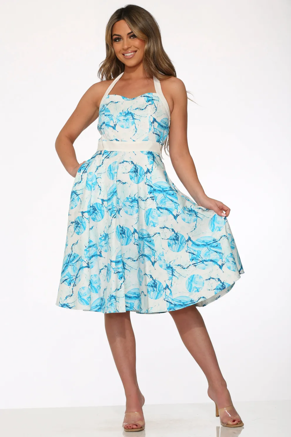 White & Blue Floral Halter Dress