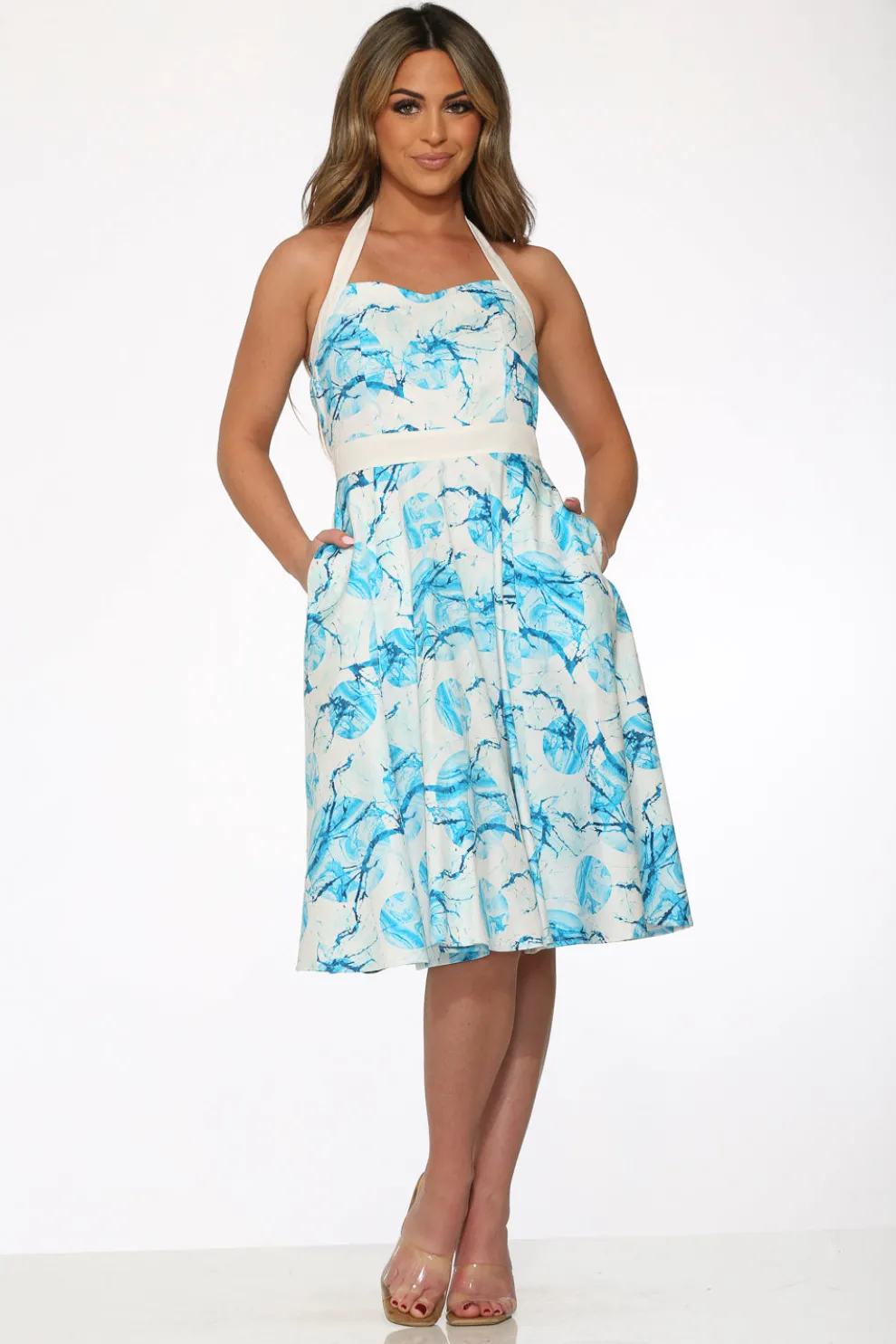 White & Blue Floral Halter Dress