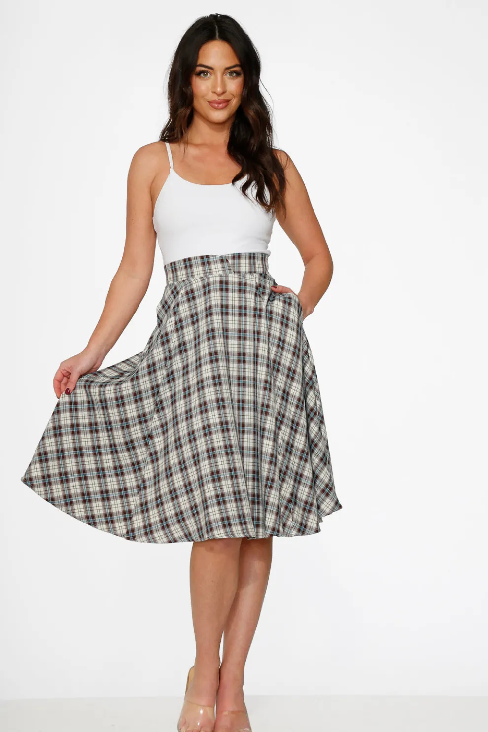White & Brown Plaid Swing Skirt