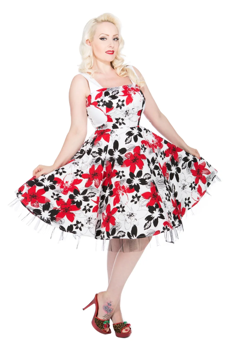 White & Red Floral Swing Dress