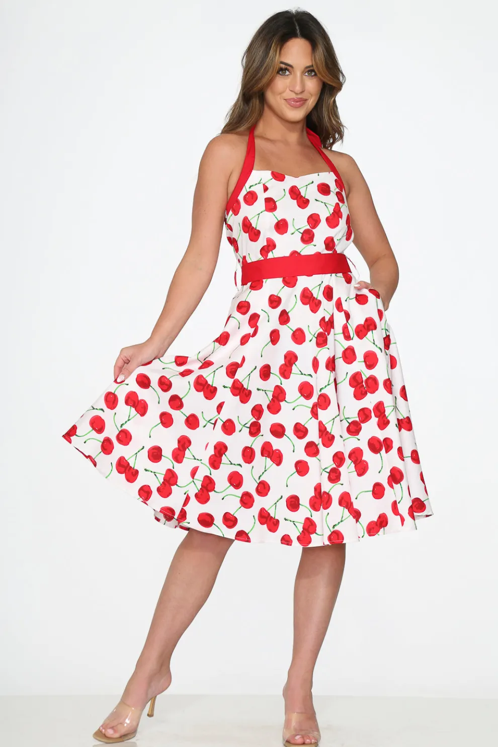 White Red Cherry Halter Swing Dress