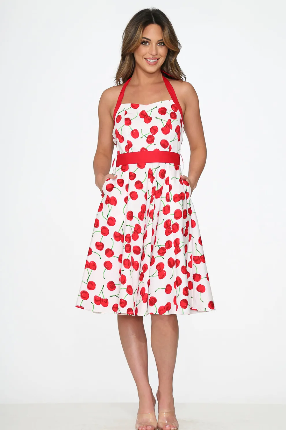 White Red Cherry Halter Swing Dress
