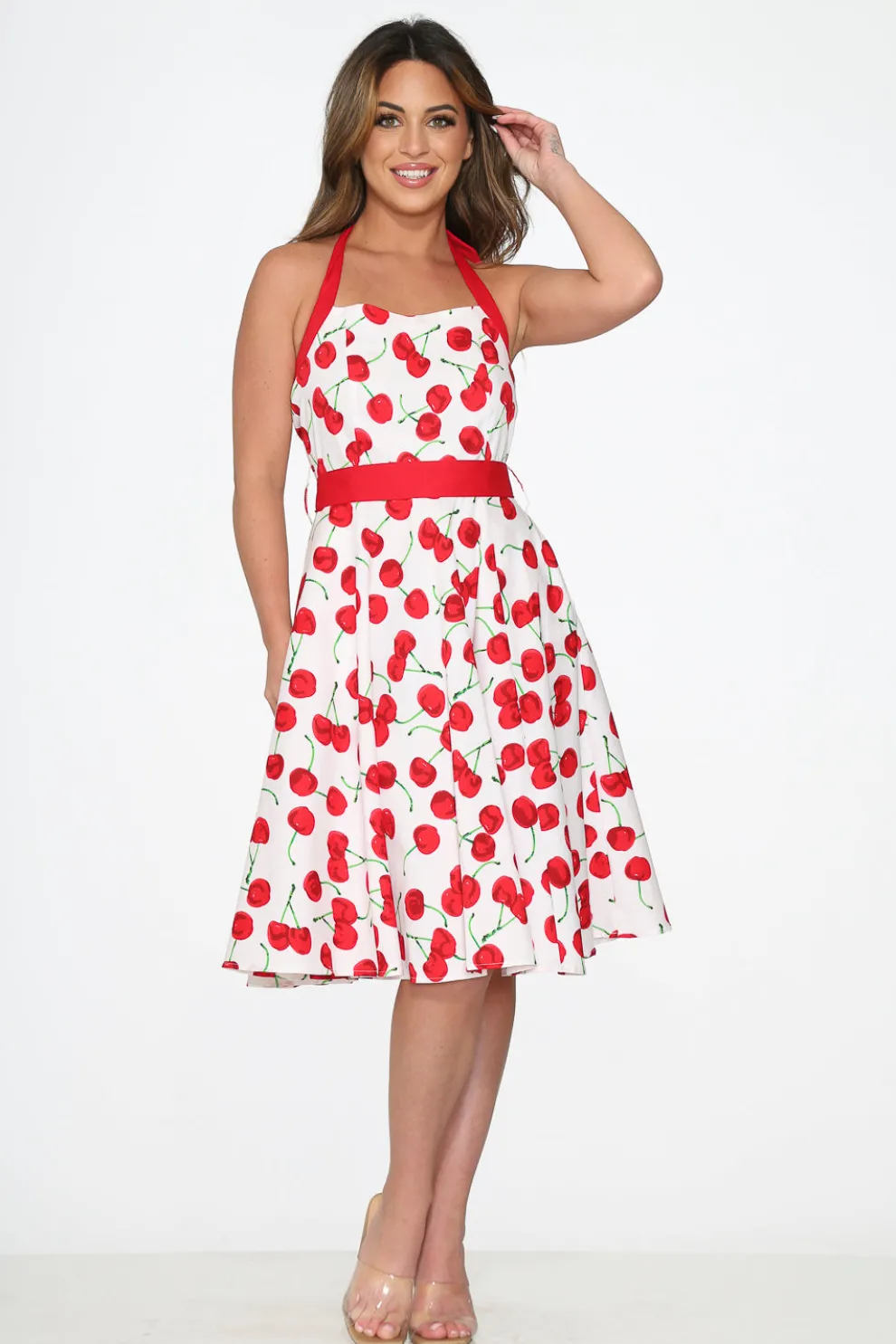 White Red Cherry Halter Swing Dress