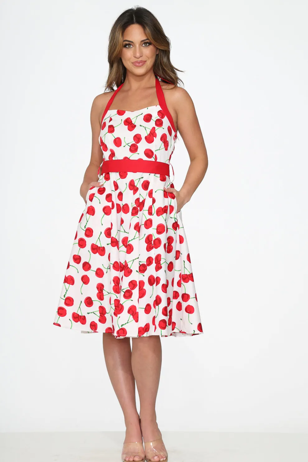White Red Cherry Halter Swing Dress