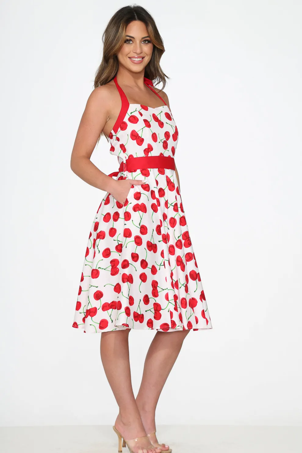 White Red Cherry Halter Swing Dress