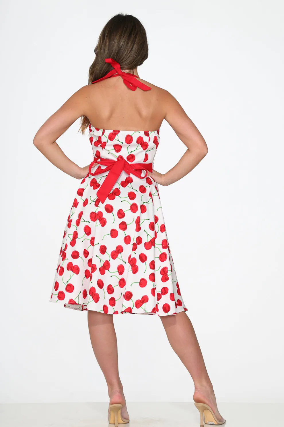 White Red Cherry Halter Swing Dress