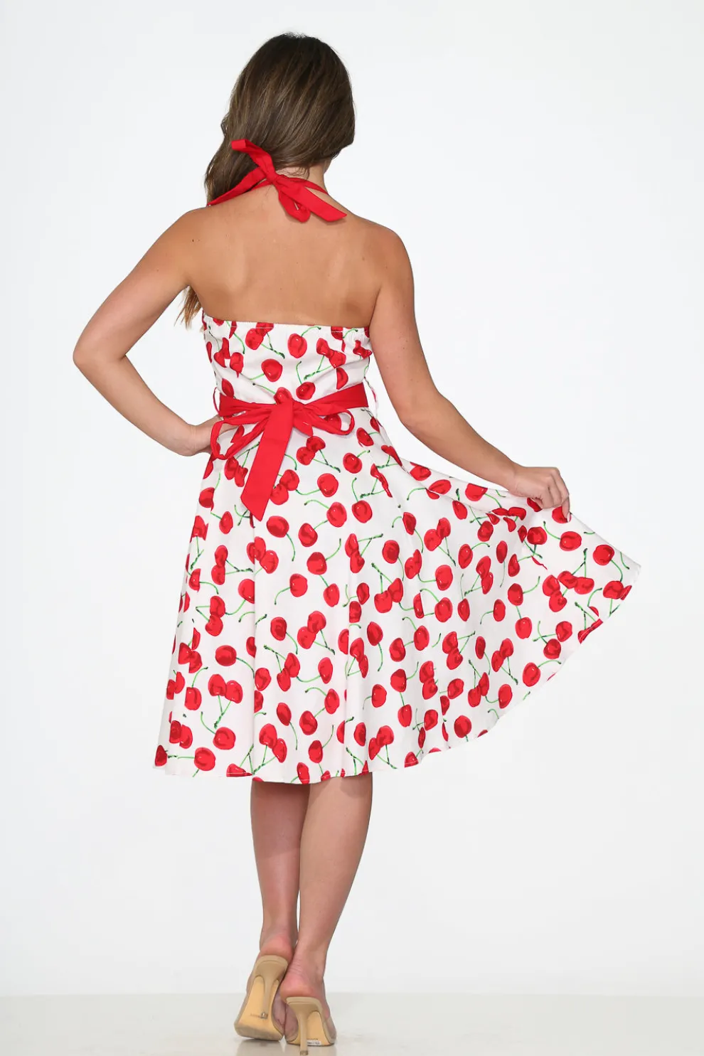 White Red Cherry Halter Swing Dress