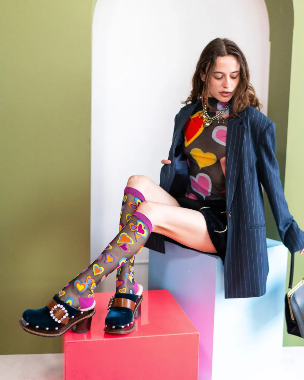 Y2K Hearts Black Sheer Knee High Sock