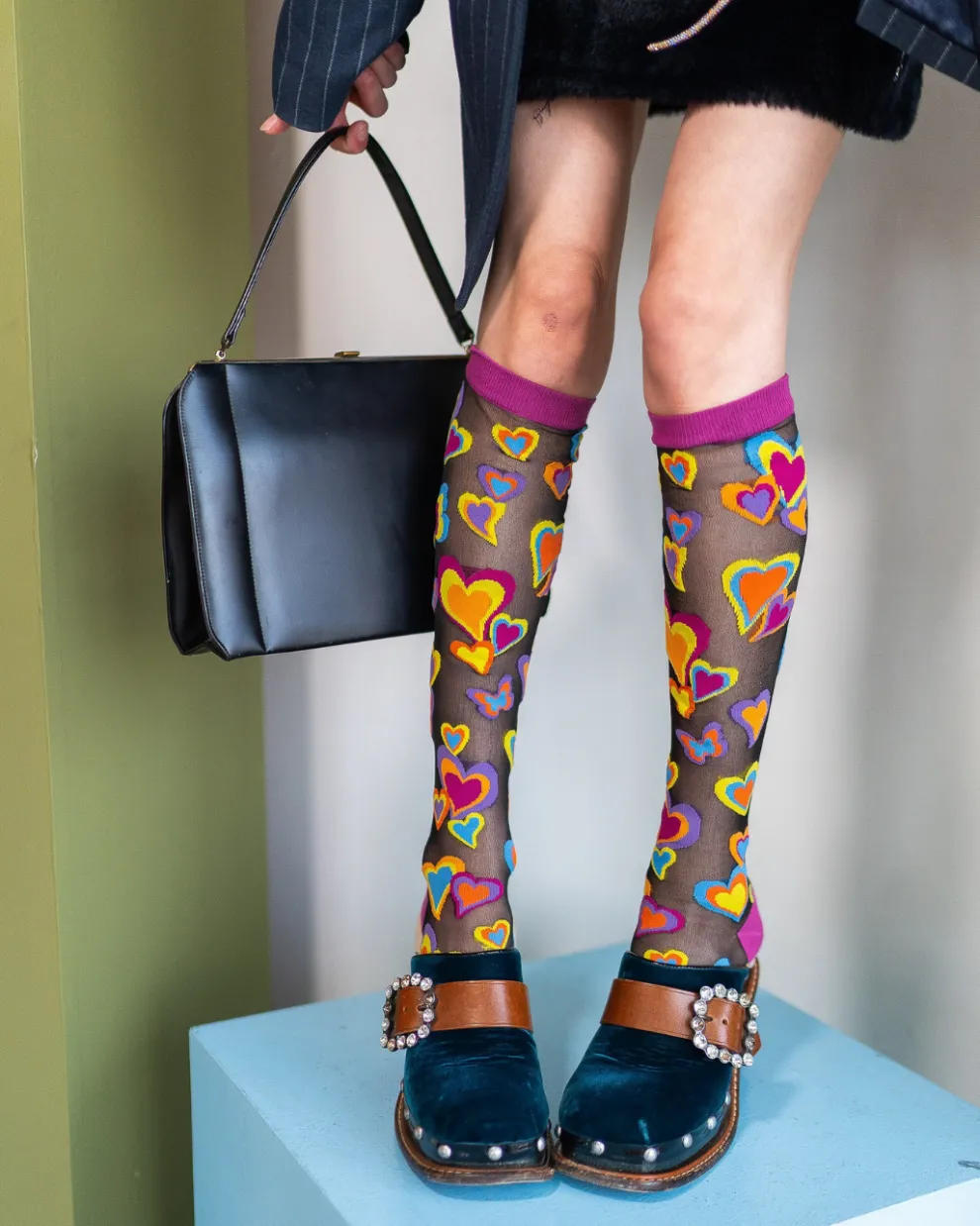 Y2K Hearts Black Sheer Knee High Sock